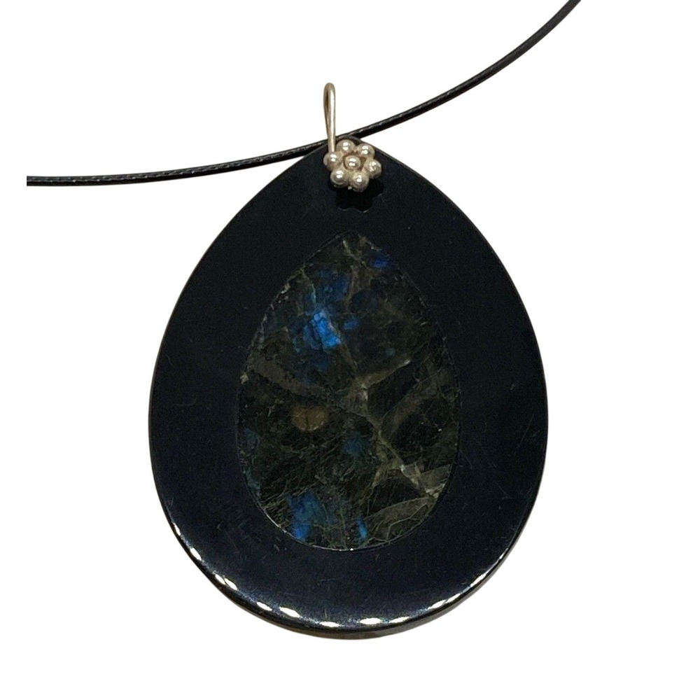 Vintage Labradorite Stone Inlay‎ Pendant 18.5'' Necklace Sterling 925 Silver 16g